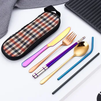 

Stylish Generous Household Stainless Steel Cutlery Set Portable Unique Tableware Set Knife Fork Spoon Chopstick Straw