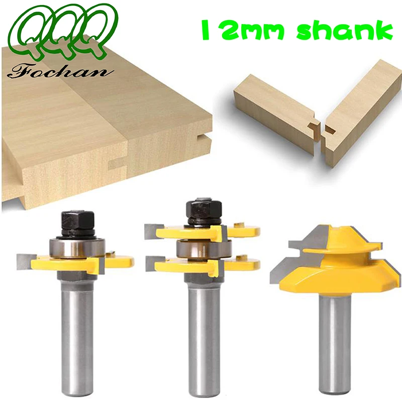 QQQ 3pc 12,,Shank high quality Tongue & Groove Joint Assembly Router Bit 1Pc 45 Degree Lock Miter Route Set Stock Wood Cutting