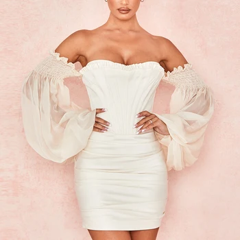 

2020 New Summer Women White Lace Sheath Sleeveless Dress Sexy Slash Neck Mini Solid Dress Club Celebrity Runway Party Dresses