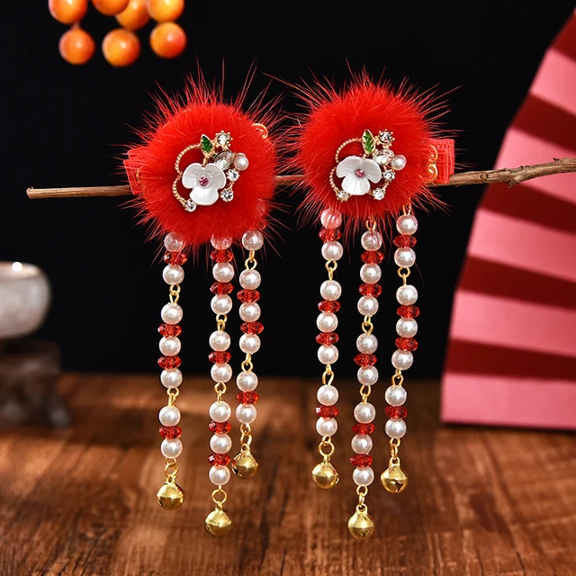 2 Pcs/Set Children Cute Pearl Hair Ball Bow Pendant Ornament Hair Clips Girls Lovely New Year Hairpin Kids Hair Accessories 20-2 Pcs