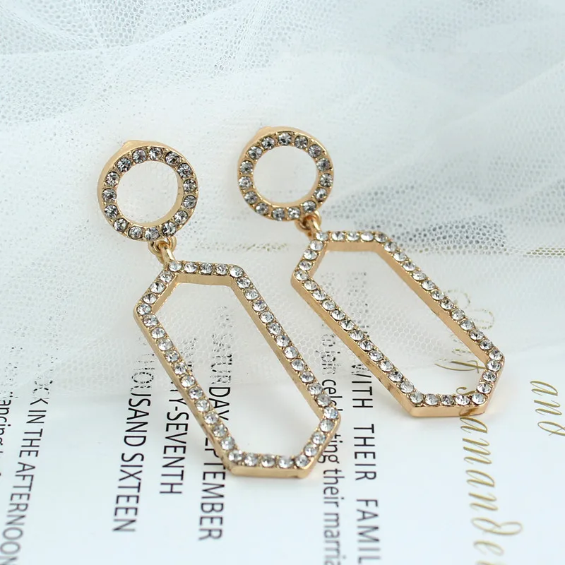Vintage Geometric crystal stud earrings long female classic round Hyperbole earrings for women Nightclub jewelry