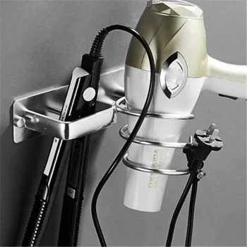 

Aluminum Wall Mounted Hair Dryer Rack Organizer Hairdryer Straightener Holder Set Bathroom Shelf for Washroom Supplies Silver