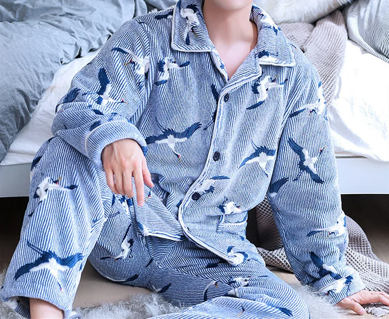 H5913 Молодежный пижамный комплект для мужчин, утолщенная фланелевая теплая одежда для сна, осенне-зимняя мужская одежда с длинными рукавами, большой размер, теплая домашняя одежда - Цвет: StyleL