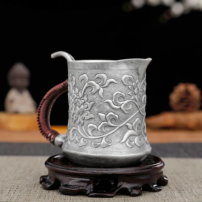 

Silver justice cup sterling silver 999 hand-engraved lotus retro tea ceremony household sterling silver tea utensils