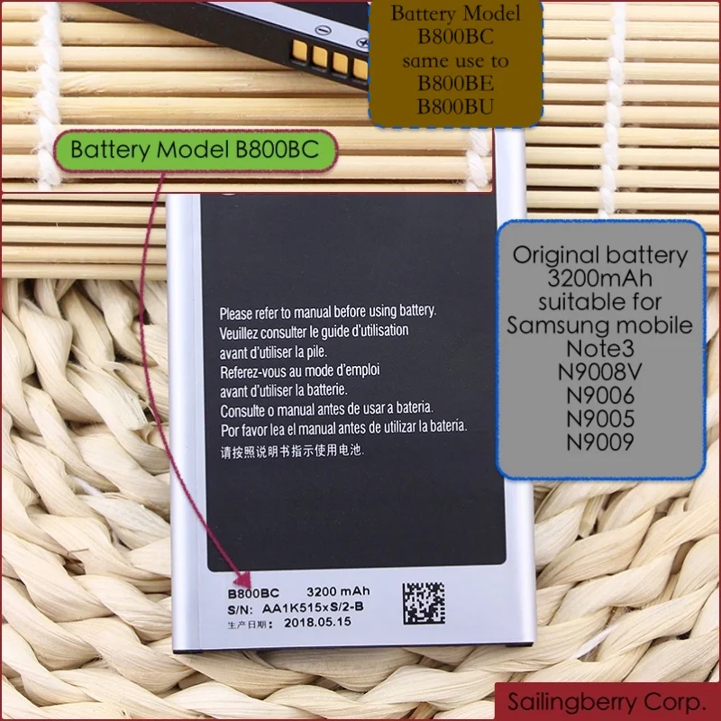 Аккумулятор подходит для samsung mobile Galaxy Note3 N9008V N9006 N9005 N9009 с батареей модели B800BC