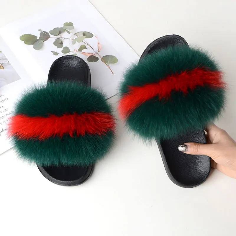 Red green stripes Женские меховые тапочки; теплые шлепанцы с лисьим мехом для женщин; шлепанцы; Домашние меховые тапочки; пушистые сандалии; зимняя плюшевая обувь - Цвет: Red green stripes