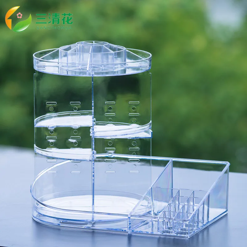 

Sanqing Flower Douyin Celebrity Style 360-Degree Rotating Cosmetic Box Transparent Lipstick Storage Rack Multi-functional Deskto