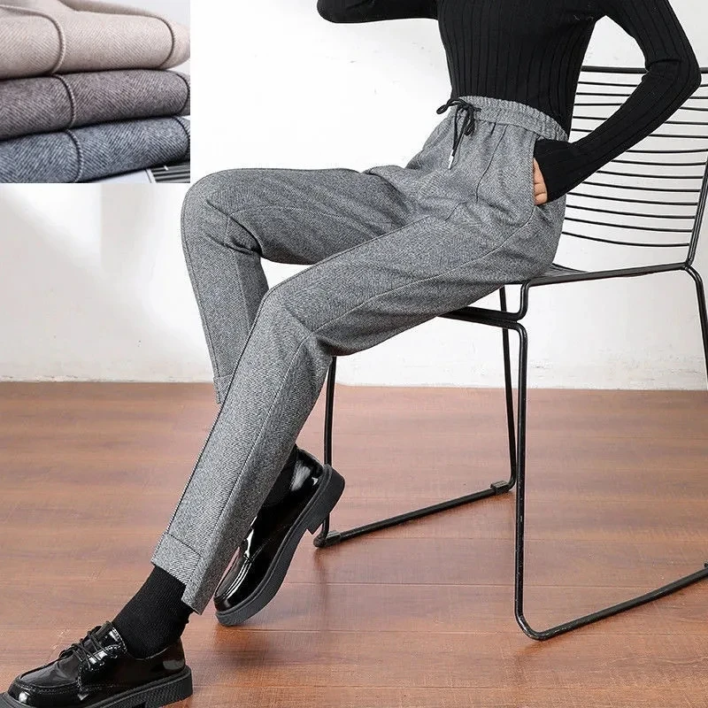 

Thickened Herringbone Woolen Trousers Women 2022 New Autumn Winter Casual Harem Pants Female High-waist Straight Casual Trousers