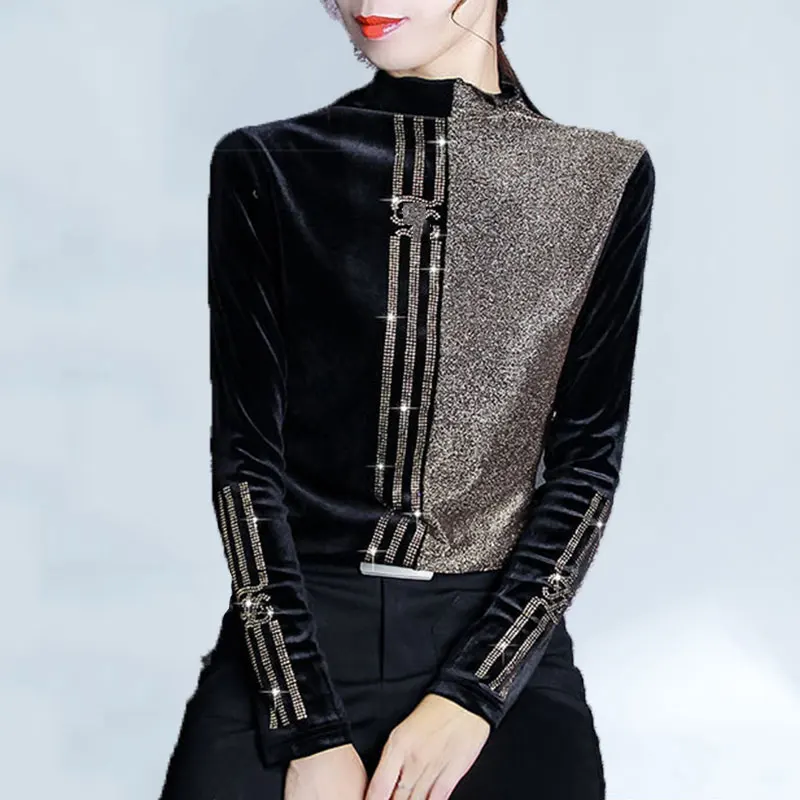

Winter Female T-shirt Bright Silk Stitching T Shirt Women Plus Velvet Half-high Collar Bottoming Shirt Women Fashion