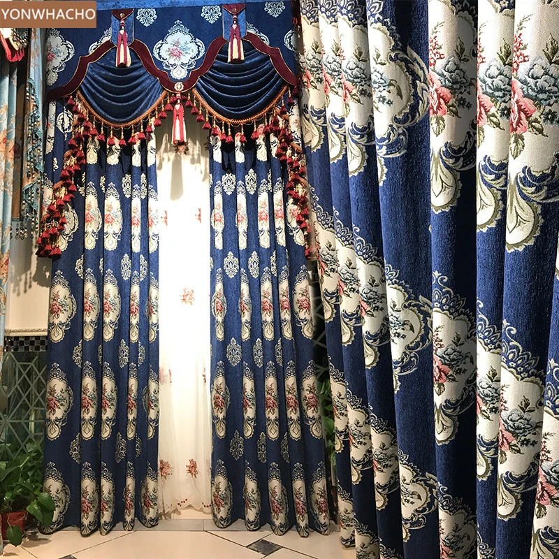 Custom curtain Upscale retro American country chenille thick jacquard blue cloth blackout curtain tulle valance drapes B618