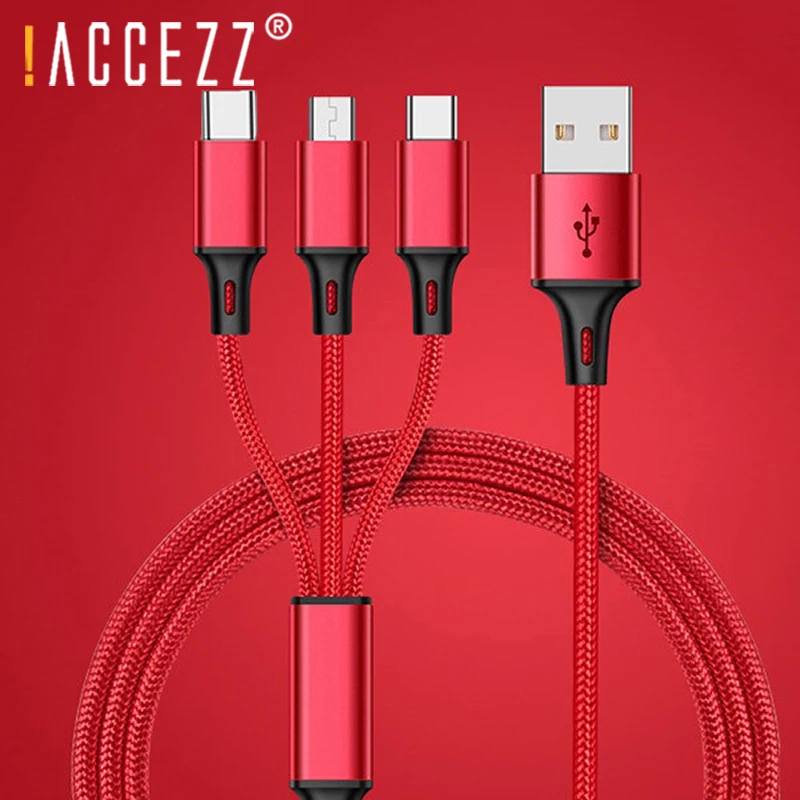 ! ACCEZZ Универсальный 3 в 1 нейлоновые кабели для зарядки 8 Pin iPhone 7 6 s Plus X Micro USB Type C Xiaomi