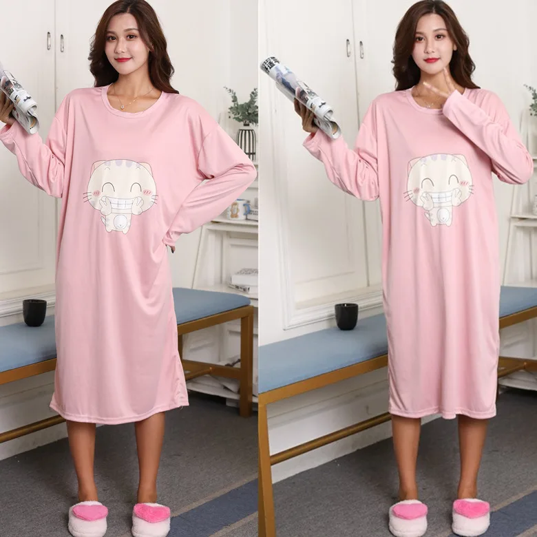 

Nightgown Women's Long Sleeve Autumn & Winter Powder Scissors Cat Skirt Long Sleeve M -Xxl Qmilch Double-Sided Thick