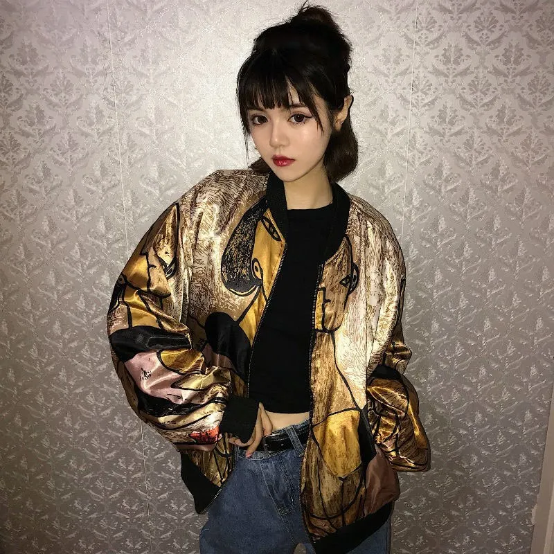 Harajuku куртка с золотым сатиновым принтом, свободные пальто, блестящая тонкая бейсбольная куртка, осенняя уличная куртка-бомбер