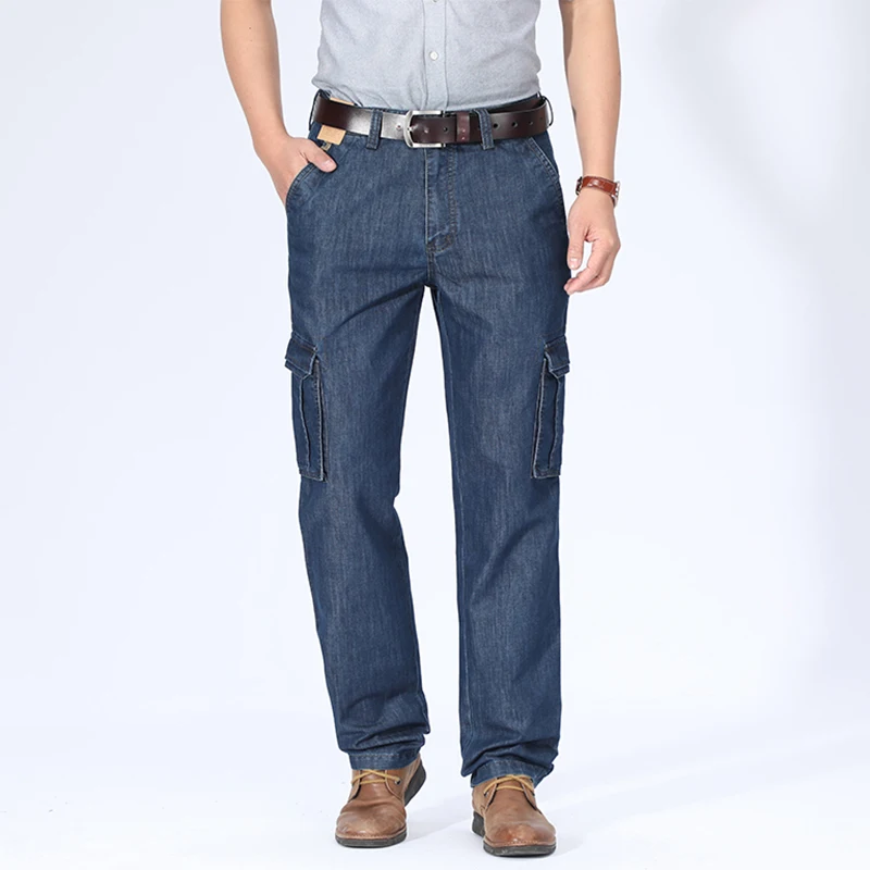 Men's Military Jeans Pants Workwear Multi-pockets Cargo Denim Trousers Men Casual Classic Straight Mid Waist Thick Cotton Jeans