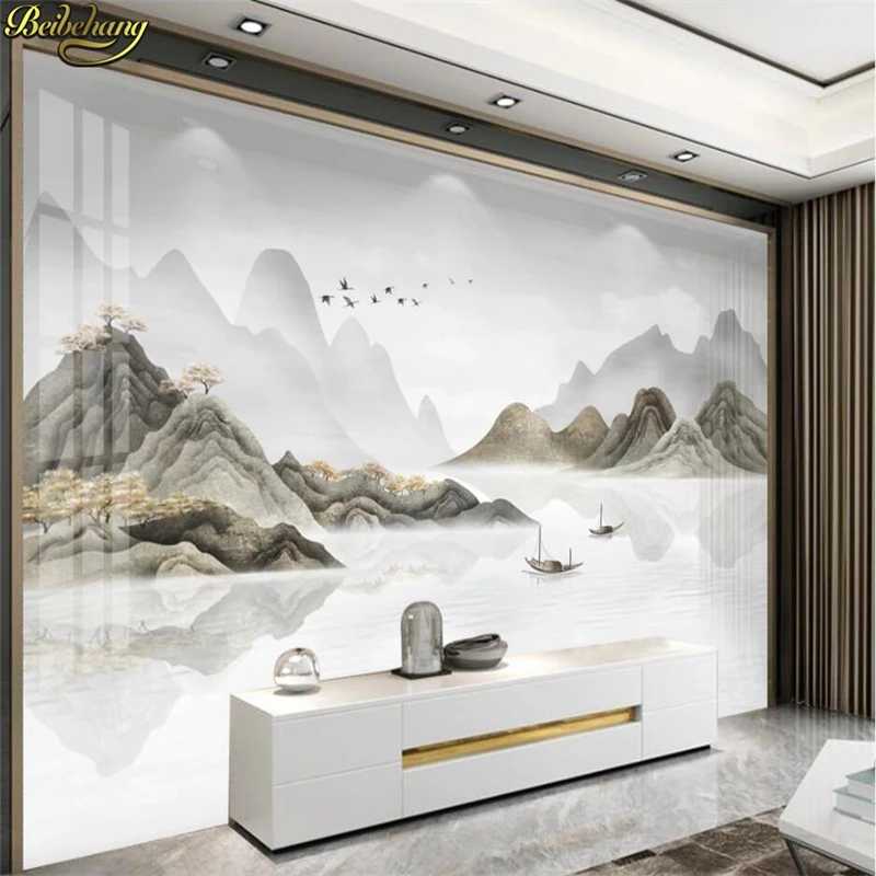 

beibehang Custom wallpaper hand-painted landscape painting light gray Chinese TV background wall painting papel de parede 3d