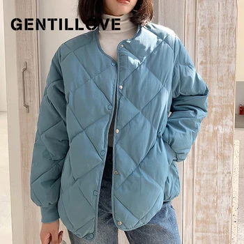 

Gentillove Winter Retro Parka for Women Solid Korean O Neck Loose Coats Warm Cotton Jackets Casual Harajuku Vintage Coat 2019