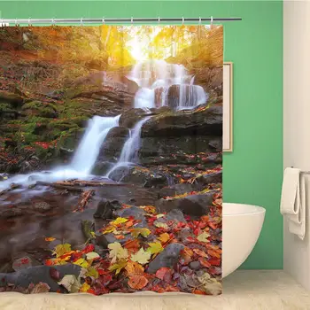 

Bathroom Shower Curtain Beautiful Waterfall in Forest at Sunset Autumn Landscape Fallen Polyester Fabric Waterproof Bath