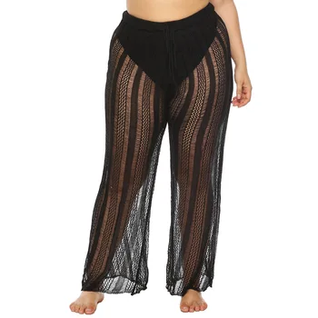 

2020 Summer Plus Size 4XL Loose Sexy Black Knitted Pants Women Fashion Hollow Out Crochet Drawstring Long Trousers Casual Pants