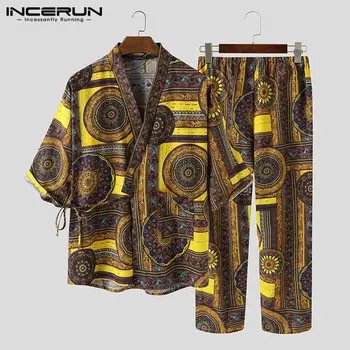 

Cotton Printing Men Sets Vintage Half Sleeve Streetwear V Neck Tops Kimono Pants 2020 Ethnic Casual Men Sets Homewear INCERUN