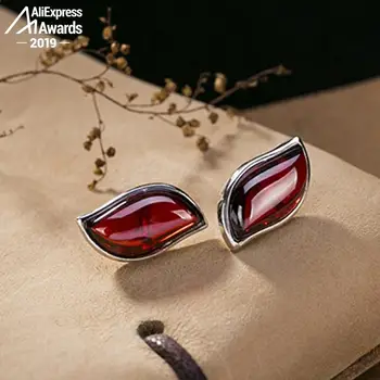 

S925 Fine Jewelry Ruby Stud Earrings Women Leaf Plant Handmade Vintage Natural Carnelian Retro Ruby red jasper