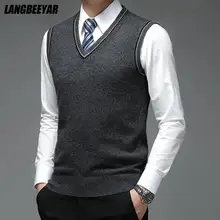 

100% Wool Top Quality New Autum Fashion Brand Plain Solid Pullover Sweater V Neck Knit Vest Men Sleeveless Casual Men Clothing