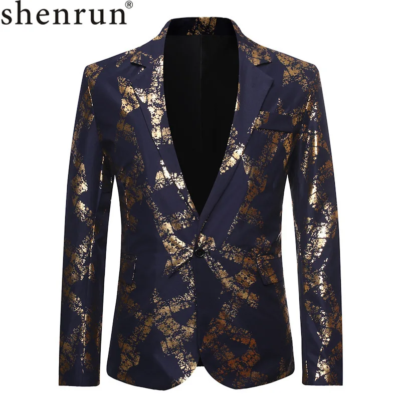 Shenrun Men Blazers Black Navy Blue Gold Print Jacket Wedding Suit ...