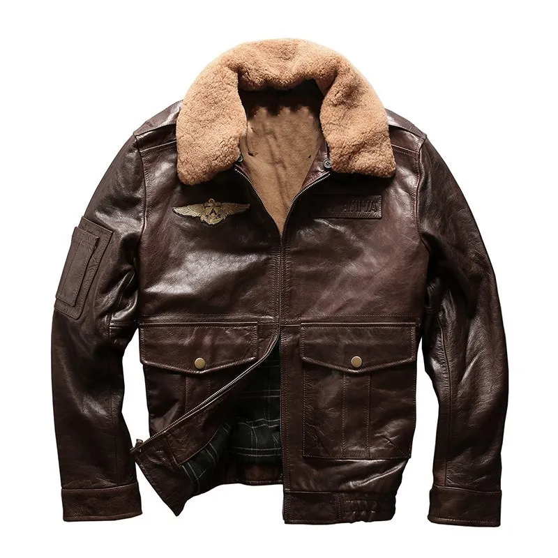 

2020 Vintage Brown Men Pilot Leather Jacket Plus Size XXXL Wool Collar Genuine Cowhide Russian Autumn Military Aviator Coat