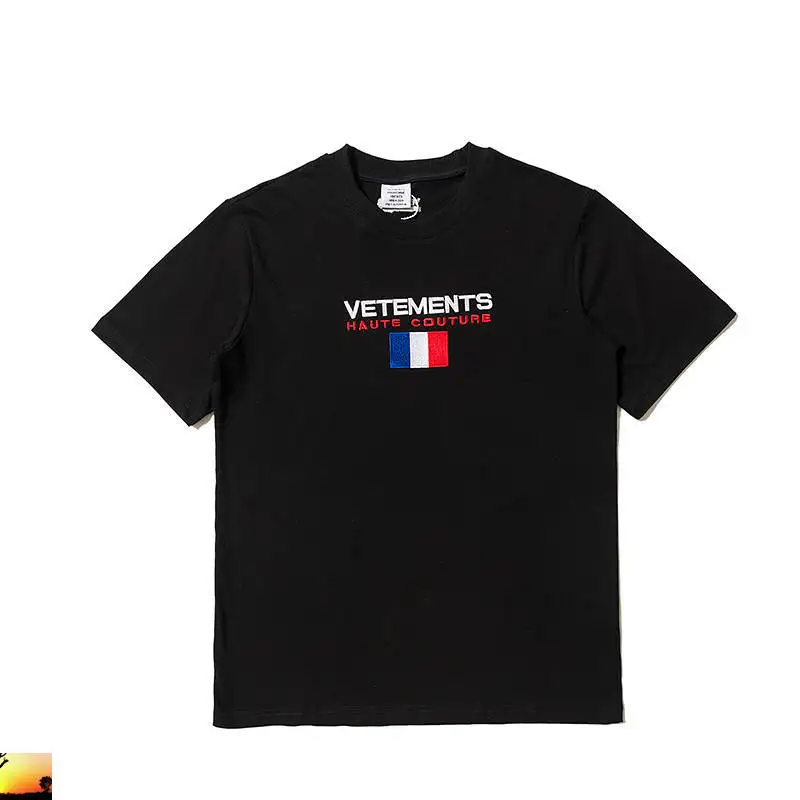 

Vetements T-shirt Embroideredy French Flag Men Oversized Short Sleeve Original Care Label T-shirt