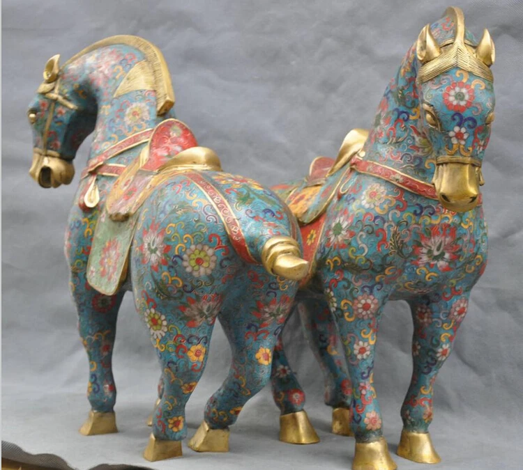 809++ 1" Китай Бронза Медь cloisonne общая война лошадь цветы статуя одна пара