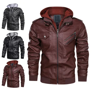 

Hot Sale Men PU Leather Jackets Coat Detachable Hat With Pockets 2019 Autumn Winter Thick Warm Windproof Zipper Jacket IE998