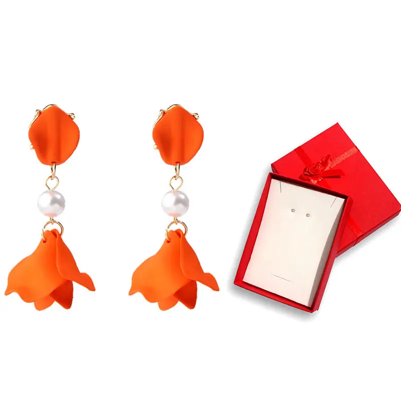 Flatfoosie New Matte Flower Drop Earrings For Women Christmas Gift Statement Pearl Petal Earring With Gift boxes Fashion Jewelry