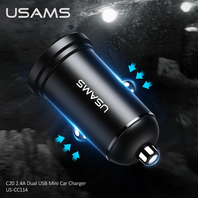 USAMS 5V 2.4A Mini Dual USB Порты Автомобильное зарядное устройство для телефона iPhone iPad Huawei