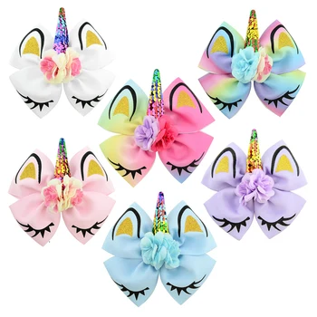 

Unicorn party decor Hair Accessories Glitter Bow Girls Hair Clip Kids Cute Unicorn Wings Hairpins Handmade Rainbow hairclip deco