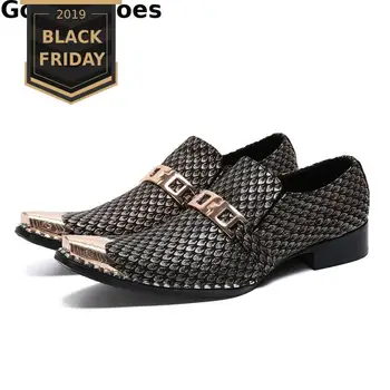 

Men Shoes Genuine Leather Pointed Metal Cap Toe Leather Shoes Printed Slip On Casual Men Wedding Party Shoes Daily Wear