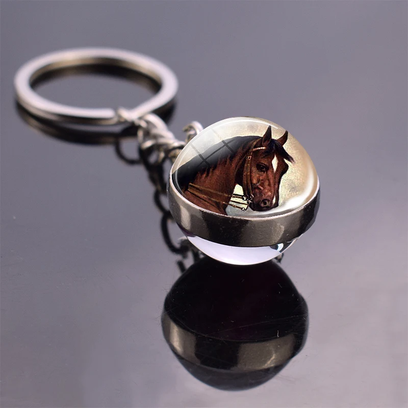 Horse Keychain Double Sided Glass Ball Red Brown Head Art Charm Jewelry Animal Keyring | Украшения и аксессуары