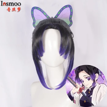 

Kochou Shinobu Wigs Demon Slayer:Kimetsu no Yaiba Cosplay Costume Synthetic Short Black Gradient Purple Bun Party Hair+wig cap