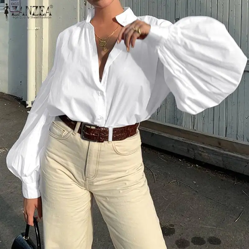 2020 ZANZEA Stylish Women's Puff Sleeve Blouse Summer Shirts Casual Button Work Blusas Female Solid Tops Oversized Tunic 3XL