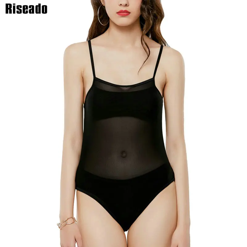 

Riseado 2020 Sexy Halter Swimsuit Woman One Piece Mesh Swimwear See Through Bath Suits Solid Bathing Suit Summer Beach Wear