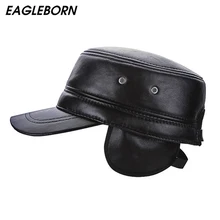 Мужская Роскошная овчина Военная Кепка кожаная плоская шапка зимняя мужская зимне наушники шапка Военная Кепка s натуральная кожа шапки Женская кепка s плоская