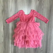 Новое поступление, сияющее темно-розовое платье-прекрасный Тюль детская одежда-пачка бутик детской одежды для маленьких девочек длина до колен с длинными рукавами