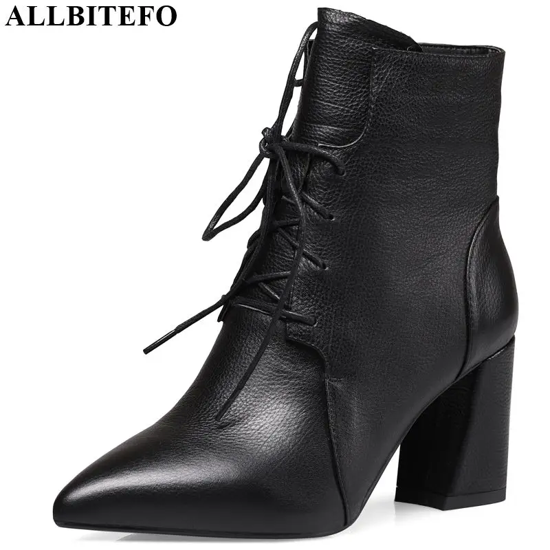 

ALLBITEFO High quality genuine leather women boots comfortable high heel ankle boots Frenulum fashion boots Autumn Winter
