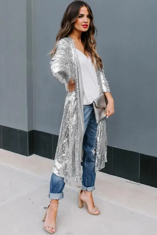 Silver Major Compliments Sequin Duster Cardigan Women Autumn Spring Jacket  Coats Fashion Sequin Waist Tie Party Night Club Coats