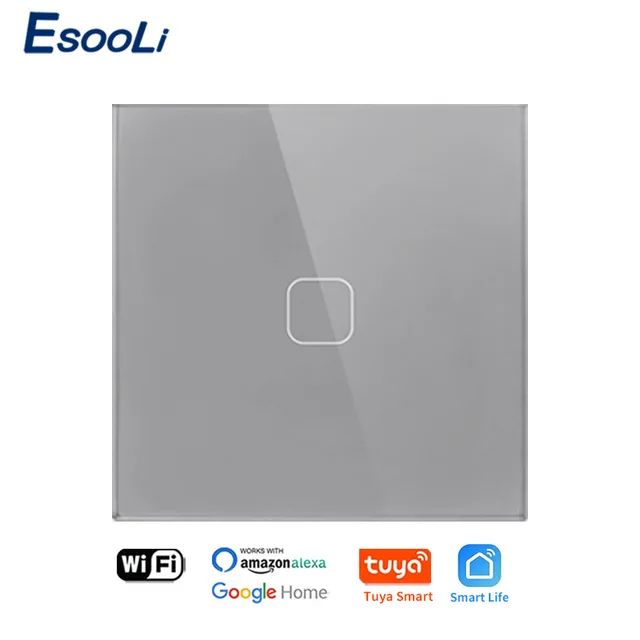 EsooLi Tuya Smart Life Glass Panel EU/UK Standard Touch Switch Zero/Single Fire Line Voice Control Light Wireless Wall Switch WIFI Gray 1 Gang