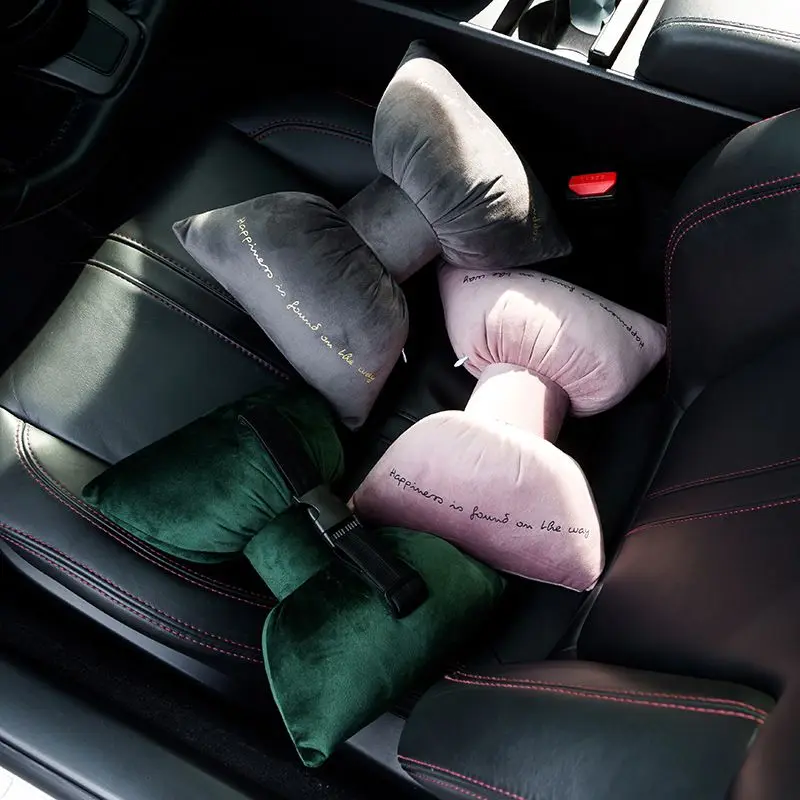 

1pc Headrest Soft Velvet Embroidery Bow Durable Shoulder Pad Neck Pillow for Vehicle
