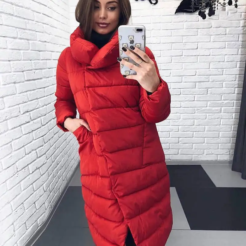 

Solid Winter Women Parkas Long Style Button Pocket Warm Turtleneck Thicking Snow Clothes Outdoor Female Down Parkas Jacket