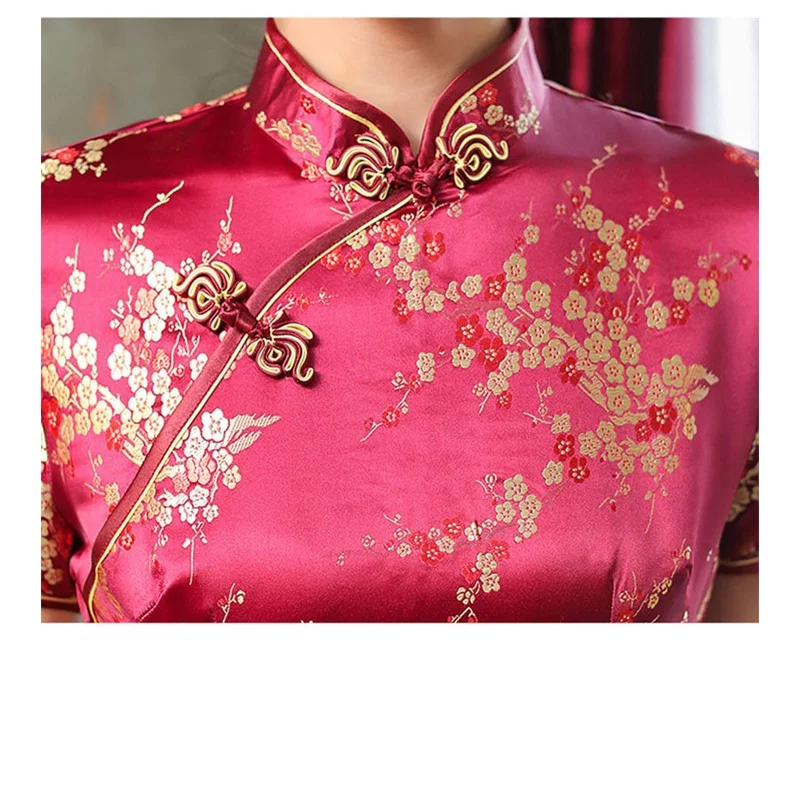 와인 레드 슬림 중국어 번체 Cheongsam 짧은 소매 전면 분할 빈티지 드레스 여성 긴 드레스 매화 Qipao