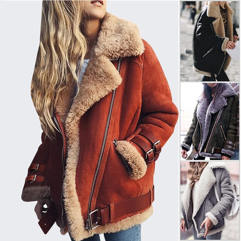 

High Quality Faux Leather Jacket Women 2019 Winter Motor Zipper Suede Lamb Fur Overcoat Thick Warm Female Wool Coat With Pockets