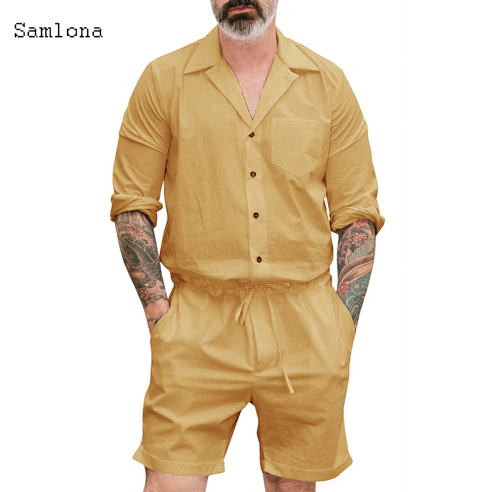 

Cotton Blends Jumpsuit Mens Casual Thin Long sleeve Rompers Solid Color Overall Single Breasted Romper Pocket Shorts or Trousers