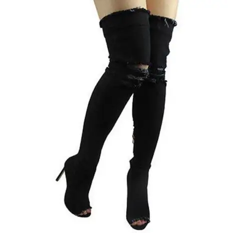 Wertzk/женские сапоги; сезон лето-осень; Сапоги выше колена с открытым носком; качественные эластичные джинсы; модные сапоги; сапоги на высоком каблуке; S249