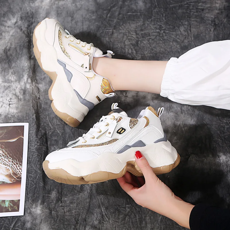 

2019 New Women Chunky Sneakers Glitter Platform Shoes Women Casual Trainers Basket Dad Sneakers Chaussure Femme Flame Shoes